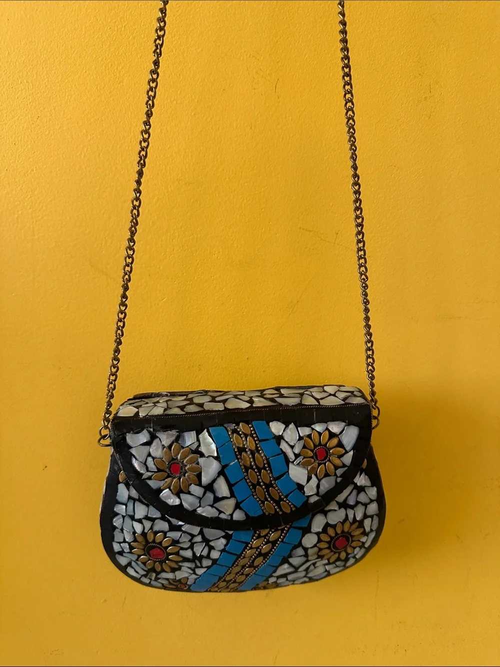 Handcrafted Moroccan Mosaic Flower Evening Boho Crossbody Bag in Blue and White